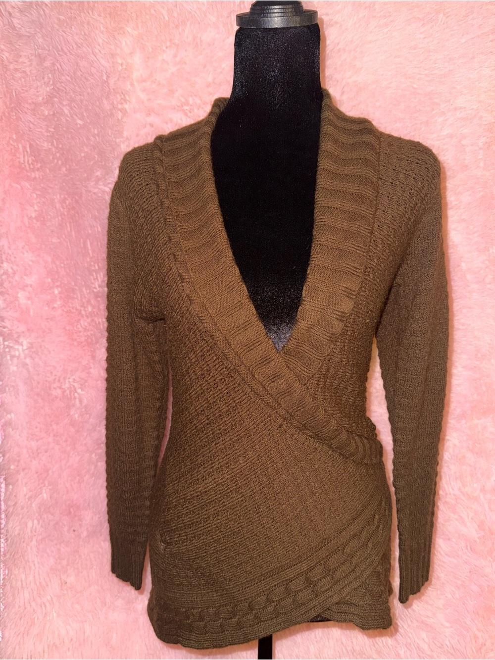 Women's Brown Wrap Cable Knit Sweater